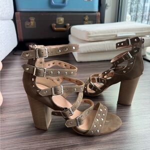 Mimi Studded Suede Block Heel Sandals | Size 10 | Buckle Strap Statement Heels